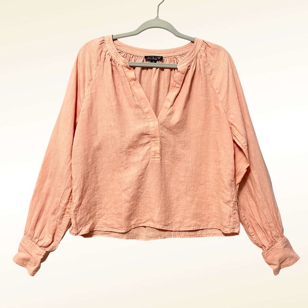J. Crew Linen Cabana Top Size XS Peach Long Sleeve Beach Coastal Casual
